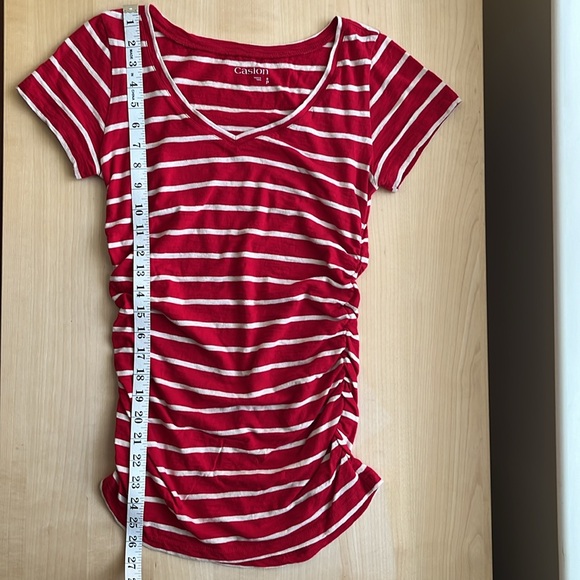 CASLON Red/Cream Stripes V Neck T Shirt with Ruching On The Sides, Small Petite - Picture 2 of 8